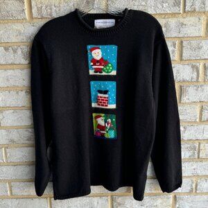 Marisa Christina Black Santa on Roof Chimney Tree Sweater Women's Size L.